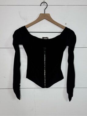 Luly K • 90s Y2K Black Long-Sleeve Rhinestone Zip Crop Top Size Medium